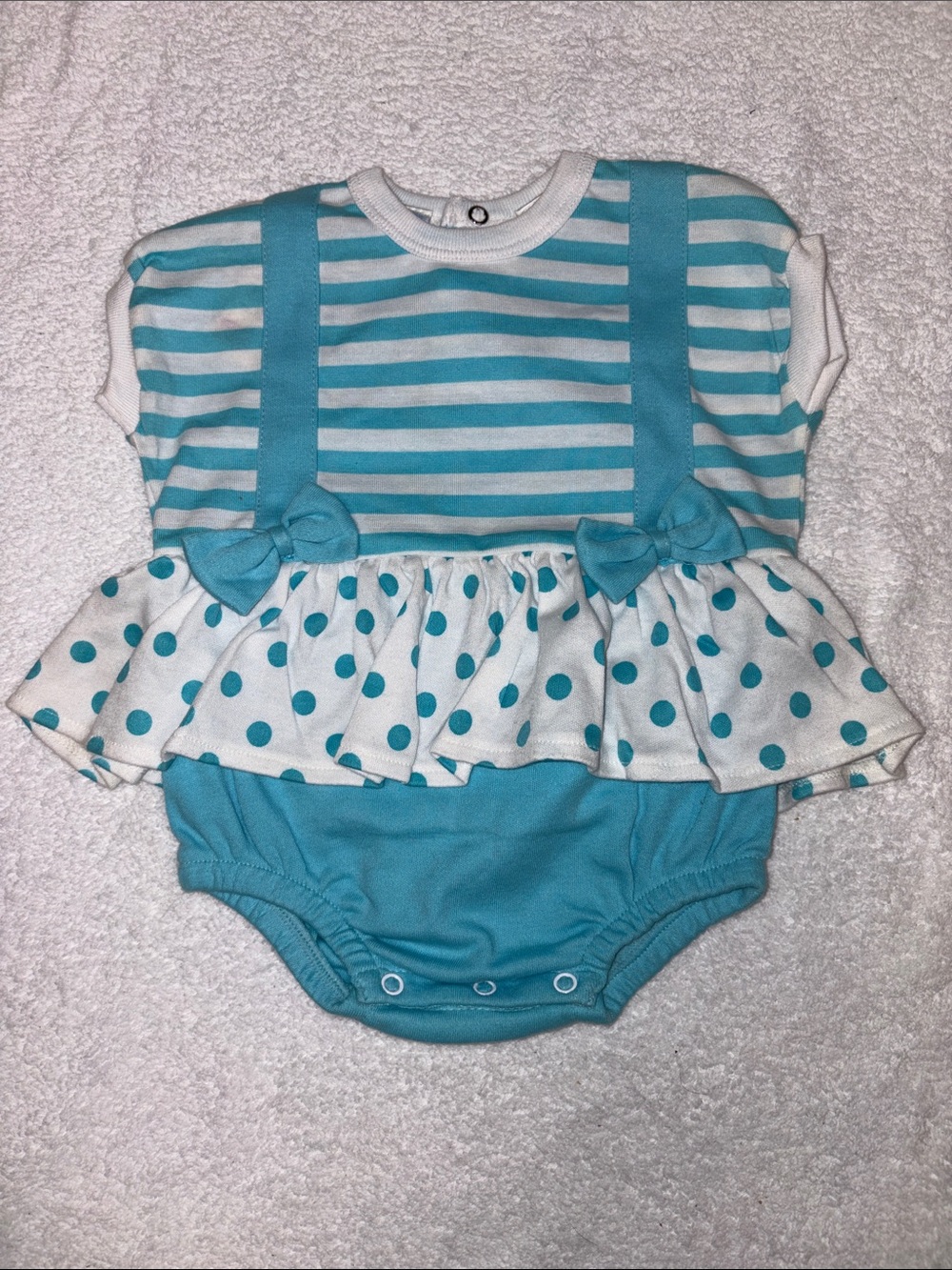 All mine aqua White Striped Polka Dot Baby Ruffle bows vintage nwt 6/9m